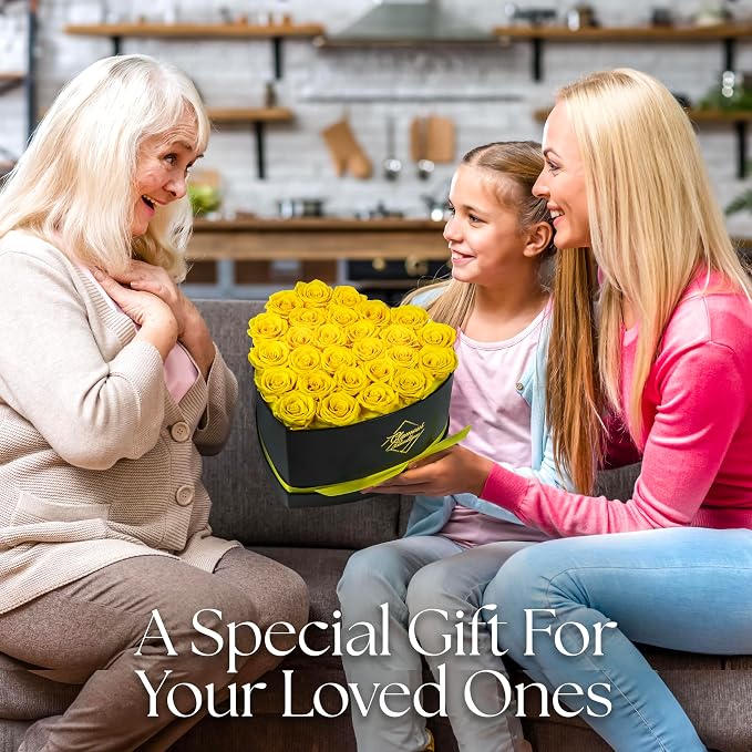 GLAMOUR BOUTIQUE 27 Flower Forever Heart Shape Box, Mothers Day Gift For Mom, Eternal Preserved Roses Gift for Her, Flowers bouquet, For Birthday, Anniversary, Girlfriend - Yellow (Color-Treated)