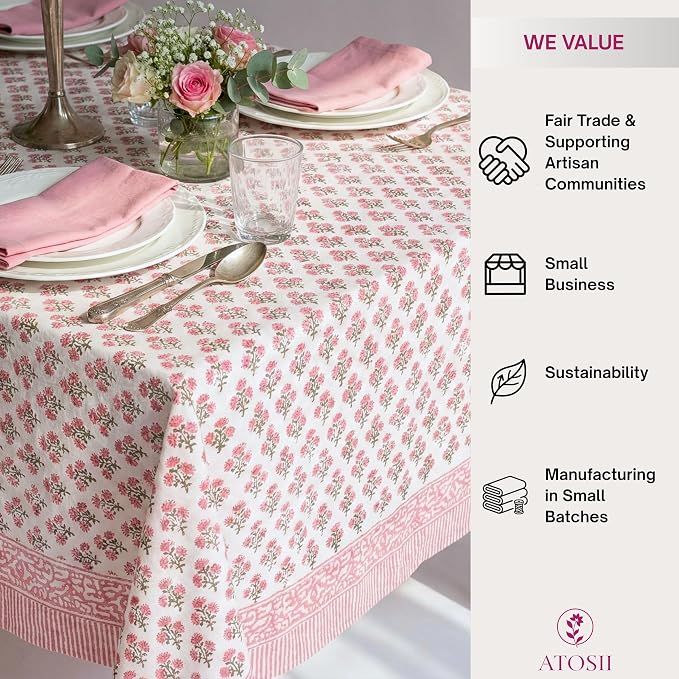 ATOSII Gulbahar White Pink 100% Cotton Spring Summer Square Tablecloth, Handblock Print Floral Table Cloth for Kitchen Dining Linen I Weddings, Outdoors, Easter 60 X 60 Inches I 4 Seater