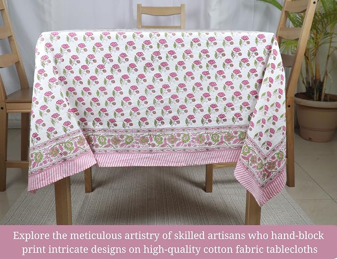 Block Print Table Cloth- 60x108 Inch Rectangle 100% Cotton Handmade Pre-Shrink, Washable for Spring, Kitchen & Dining Perfect for Patio, Indoor & Outdoor, Farmhouse