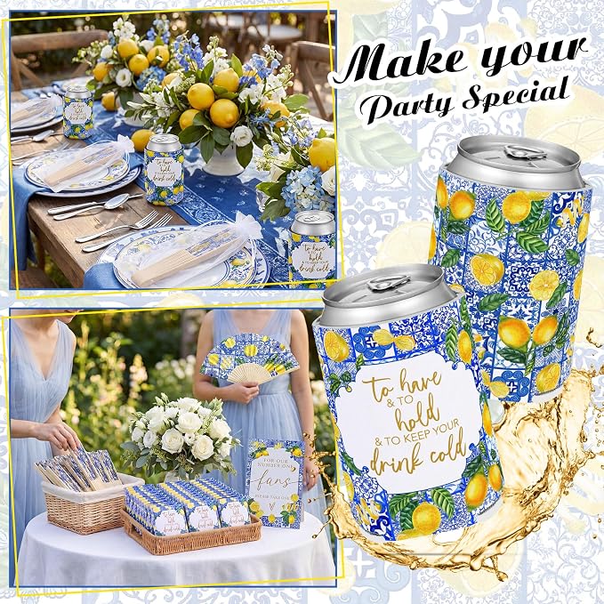 Hoteam 25 Sets Lemon Wedding Party Favors for Guests Bulk Including Yellow Can Cooler and Paper Folding Fans with Wedding Decor Table Sign Cheers to Love for Bridal Shower Party Souvenir