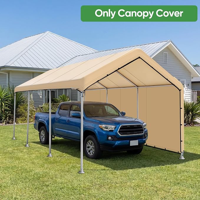 SIHAIAN 10 x 20 Ft Carport Replacement Canopy Cover with Sidewall(No Frame) Easy to Set up Carport Canopy, 500D Heavy-Duty Garage Top Tent Tarp Waterproof and UV Protected (Only Canopy Cover) Beige