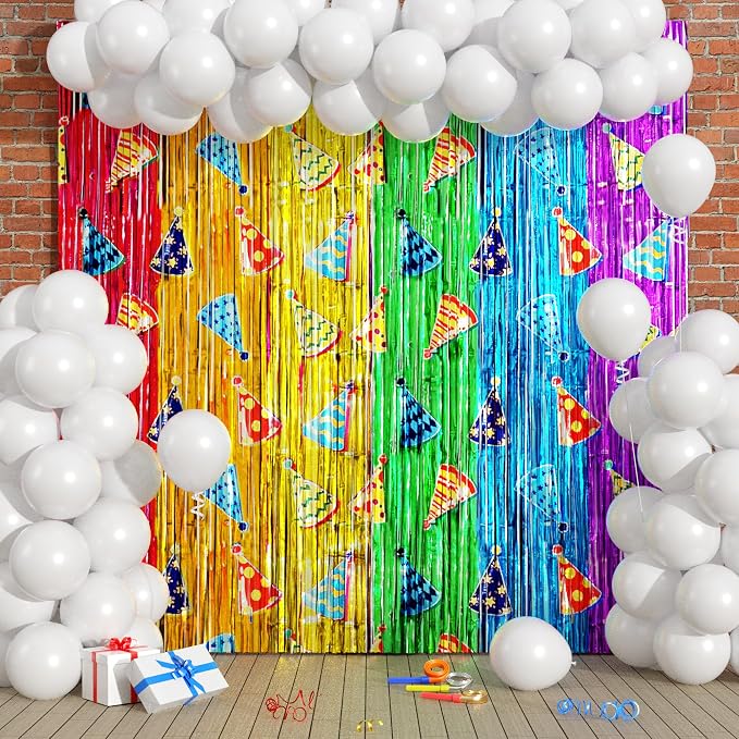 Rainbow Balloon Garland Arch Kit Birthday Party Decorations, White Balloons Rainbow Cloud Foil Fringe Curtains Backdrop Colorful Tinsel Streamer Photo Booth Props Party Decor Supplies