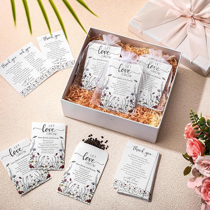 Ctosree 100 Set Wedding Favors for Guests Bulk Include 100 Pcs Self Adhesive Seed Packets Kraft Paper Seed Envelopes Let Love Grow Cards and Organza Gift Bags for Bridal Shower (Retro)