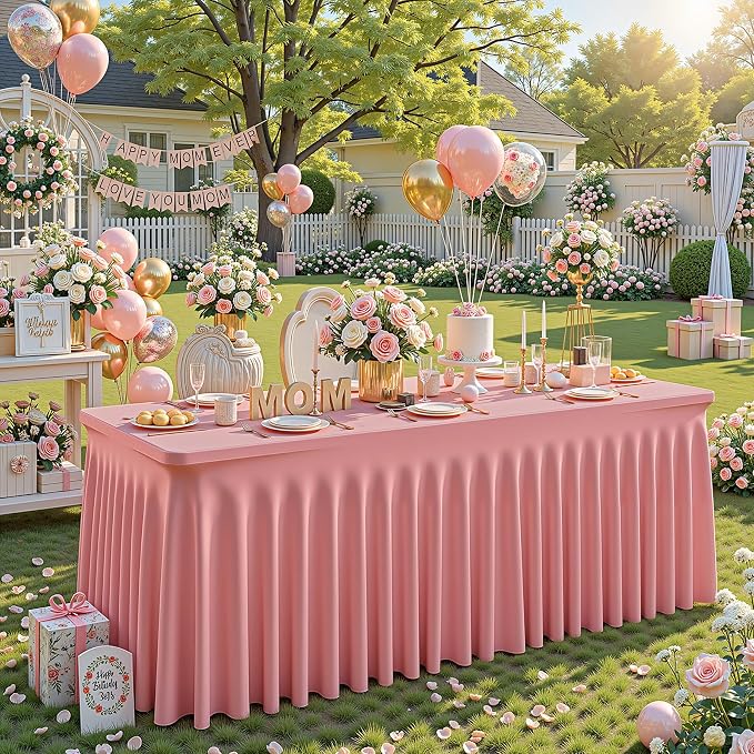 1 Pack Dusty Rose Spandex Tableclothes for 4 Foot Rectangle Tables, Wrinkle Free 4ft Fitted Table Cover Stretch Table Cloth Desk Skirt for Weddings Baby Shower Birthday Party Banquet Decorations
