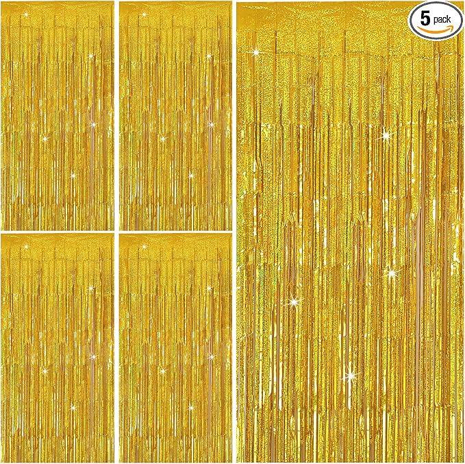 Tinsel Curtain Party Backdrop Gold Birthday Decorations 5 Packs Glitter Foil Fringe Decor Streamers Photo Booth for Christmas Wedding Halloween Graduation Decorations