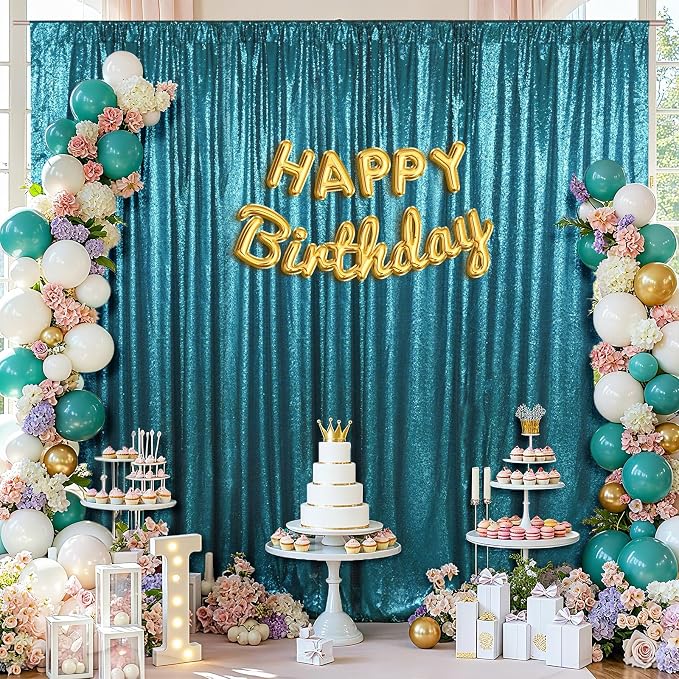 SquarePie 10x10ft Teal Sequin Backdrop for Photography, Satin-Backed Real Sequin Curtain, Enhanced Coverage Shimmering Background with 4" Rod Pocket for Wedding, Birthday, Party Decor, 1 Panel