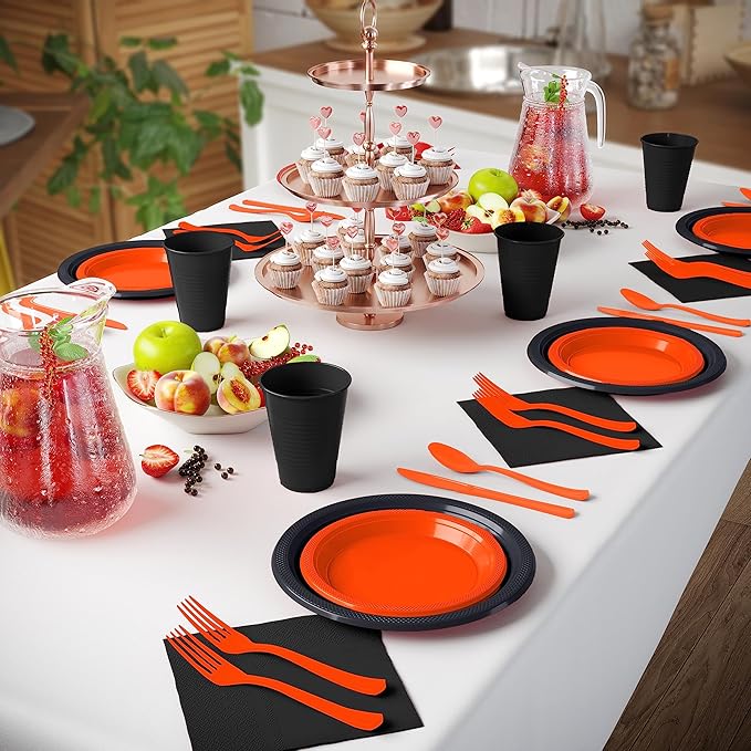 350 Pcs Orange & Black Plastic Plates For Party, Orange & Black Disposable Plates Set, 50 Of Each 9" Dinner Plate Set, 7" Dessert Plate, Cups, Napkins & Cutlery Plastic Dinnerware Set Exquisite