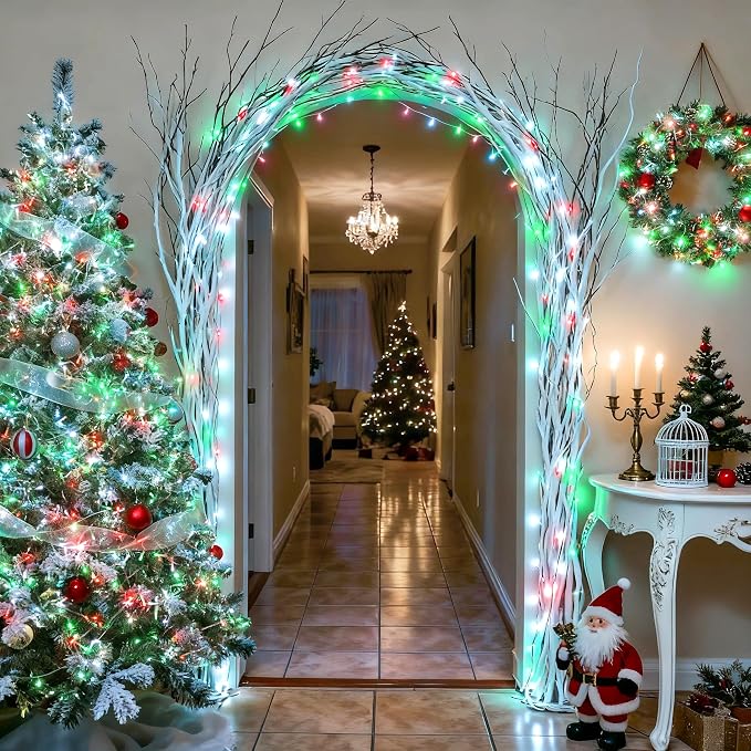 JMEXSUSS 2 Pack Red White and Green Christmas Lights Battery Operated, Each 33ft 100 LED Battery String Lights with Remote, Christmas String Lights for Tree Bedroom Porch Garland Yard Xms Decor