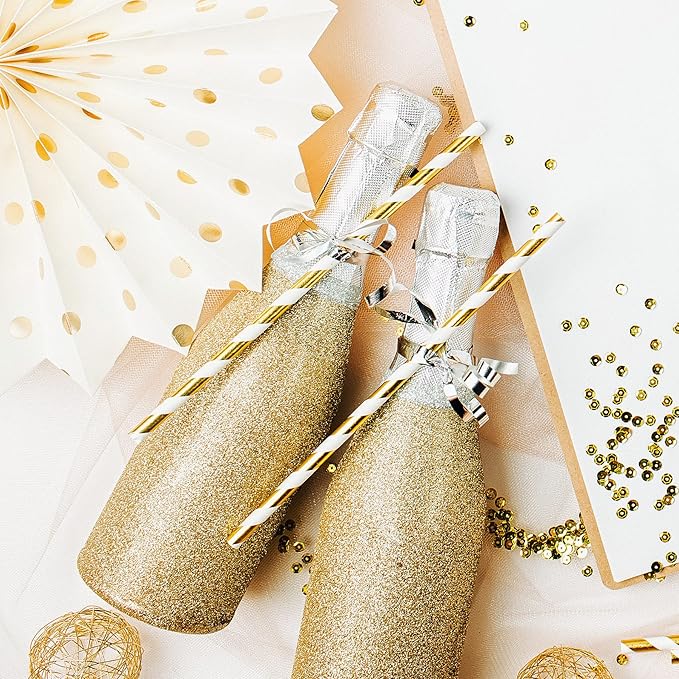 PakTalk 100 Pack Gold Paper Straws, Gold and White Striped Disposable Straws for Cake Pops Party Decoration in Birthday Baby Shower Wedding(7.75" x 0.24")