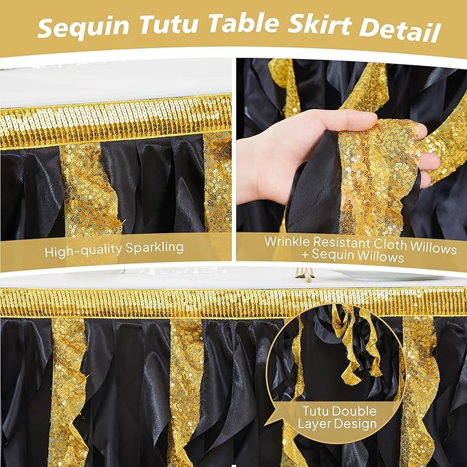 Wish Care 14ft Black Gold Sequin Tutu Table Skirt for Rectangle Tables Glitter Curly Willow Table Skirting Ruffle Table Cloth Desk Skirts for 50th Birthday Graduation Prom Theme Party Decorations