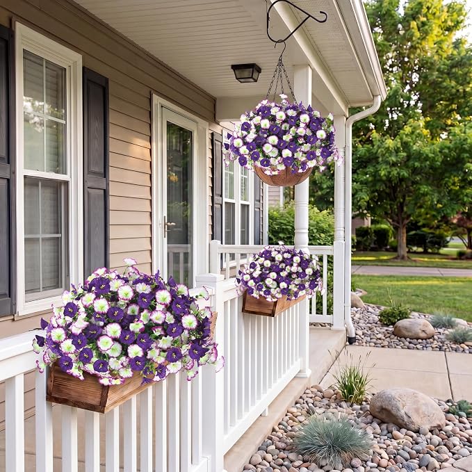 Artificial Flowers for Outdoors with Baskets Hanging Plant Faux Flowers UV Resistant Fake Silk Morning Glory with Eucalyptus for Planter Porch Garden Home Spring Summer Decoration(Gradient Purple)