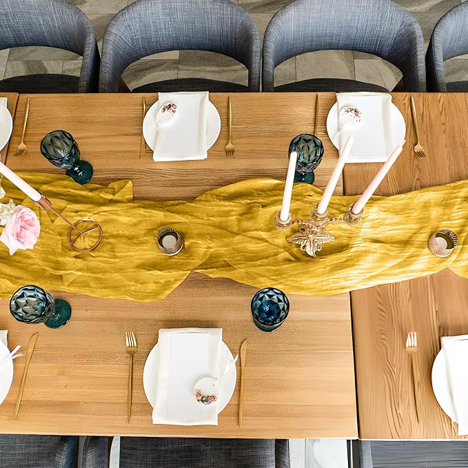 Cheesecloth Table Runner 8 Pack – 35x120 Inch (10ft) Boho Rustic Gauze Cloth Runners – Crinkle Polyester Table Decor for Wedding, Baby Shower, Bridal Shower, Birthday Party and More (Gold Yellow)