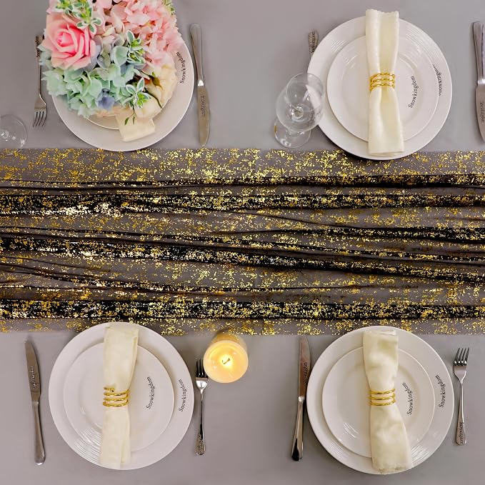 Snowkingdom 6 Pcs Black & Gold Cheesecloth Table Runner 10 FT, Sheer Chiffon Sparkle Gauze Mesh Runners 120 Inch, Glitter Table Centerpieces Decoration for Birthday Party Wedding Christmas Halloween