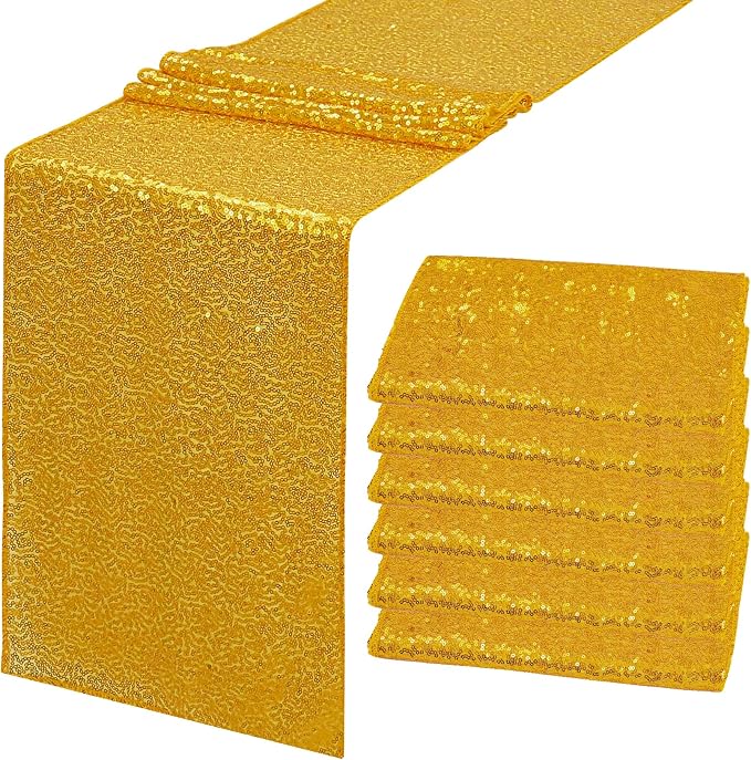 6 Pack Sequin Table Runner 12" x 108" Sparkle Table Runner Sequin Runners for Baby Bridal Shower Wedding Birthday Party Table Decor (Gold)