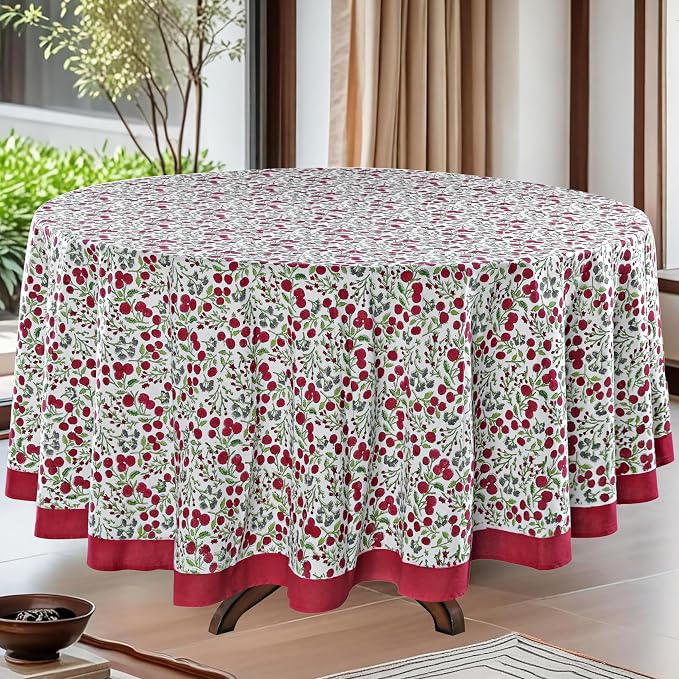 Ridhi Round Tablecloth Hand Block Print 100% Cotton Reusable Garnet Red 120 Inch Table Cover Decorative Everyday Use for Dining, Home, Party, Wedding, Farmhouse, Party Gift for Spring, Mother's Day