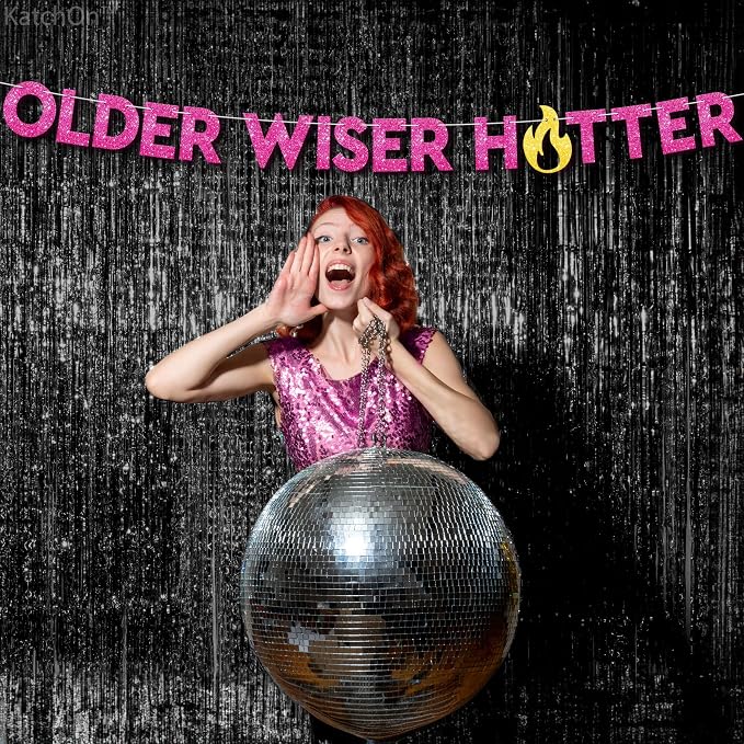 KatchOn, Glitter Older Wiser Hotter Banner - No DIY, 10 Feet | Birthday Decorations for Women | Hbd Banner Backdrop For Pink Party Decorations | Funny Birthday Decorations