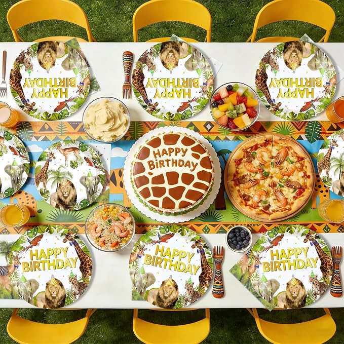 96Pcs African Safari Birthday Decorations Jungle Theme Plates Forks and Napkins Wild Animals Disposable Paper Plates for Jungle Zoo Lion Birthday Party Supplies Serves 24