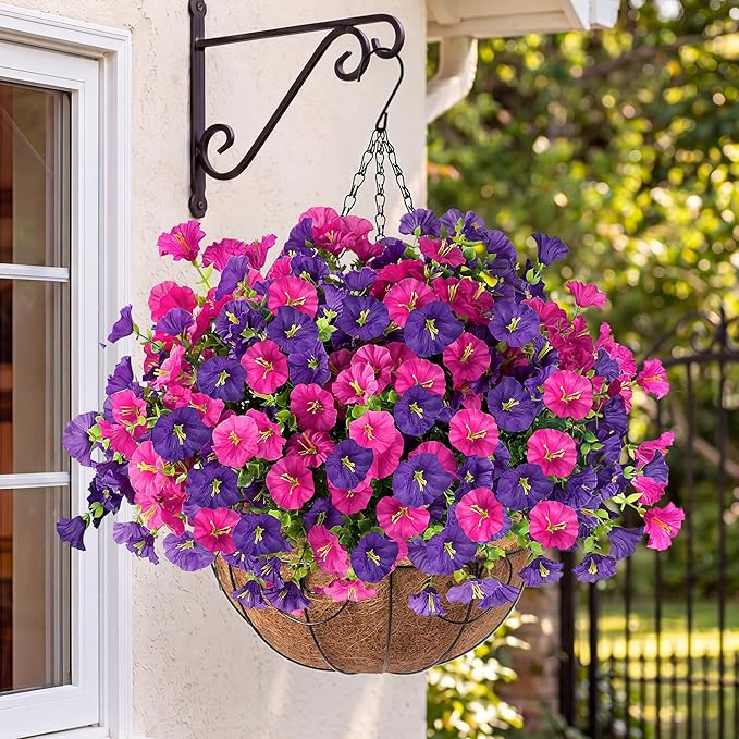 Artificial Flowers for Outdoors with Baskets Hanging Plant Faux Flowers UV Resistant Fake Silk Morning Glory with Eucalyptus for Planter Porch Garden Home Spring Summer Decoration(Fuchsia Purple)