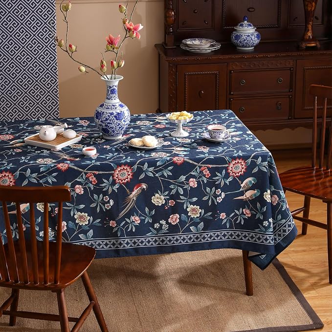 patdrea Elegant Vintage Linen Tablecloth,Rectangular,87"x55"-Lanruoting | Chinoiserie Table Cloth for Rectangle Table,Blue Oriental Bird Floral Print,Dining Tea Party Thanksgiving Table Decor