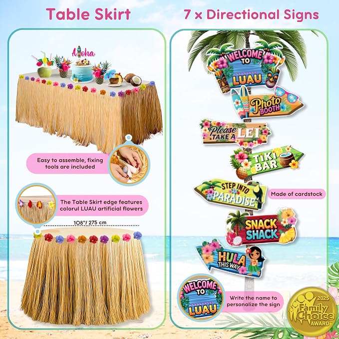 180 Pc Luau Party Decorations Set – Hawaiian Birthday Party Decorations | 2025 Family Choice Award winner – backdrop, balloons, tiki boxes, table skirt, toppers, umbrellas, straws, signs & much more
