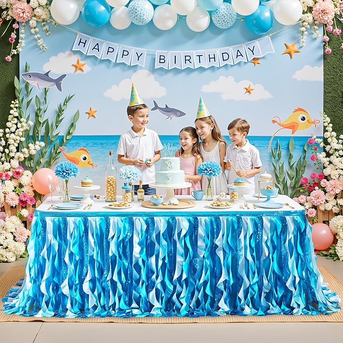 Wish Care 6ft Blue Sequin Table Skirt for Rectangle Tables Curly Willow Ocean Tutu Skirt Under The Sea Baby Shark Ruffle Table Cloth Desk Skirts for Birthday Baby Shower Theme Party Table Decorations