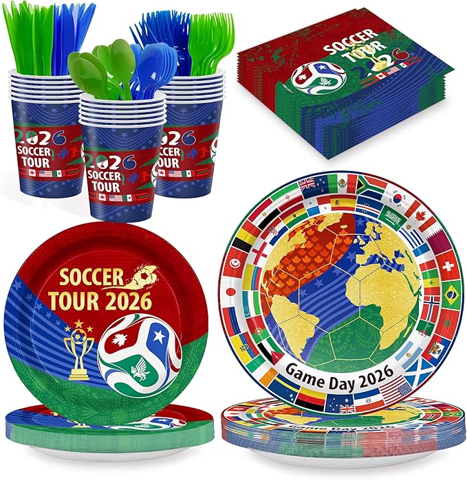 168 PCS 2026 Soccer Themed Party Supplies, Disposable Tableware Set Serves 24, International Flag Plates Cups Napkins Cutlery for Game Day Celebrations