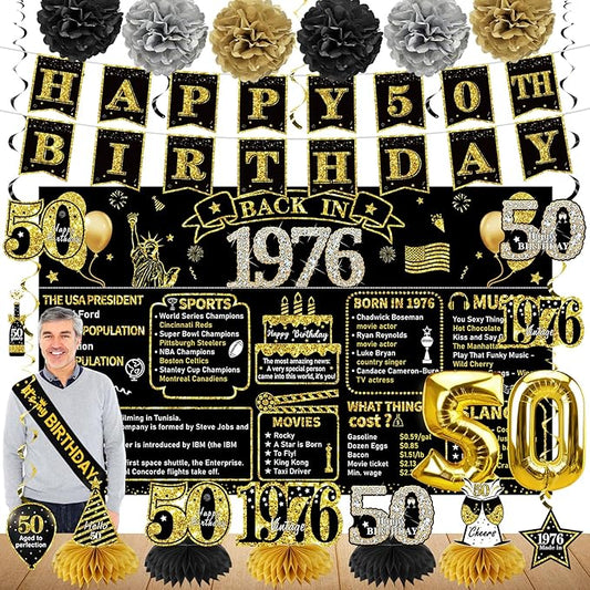 Zirtorei 50th Birthday Decorations for Men Women, 21pcs the Year 1976 Banner Balloon Party Supplies, Black Gold 50 Year Old Birthday Backdrop, 50 Bday Honeycomb Centerpiece Hanging Swirls Sash Gifts