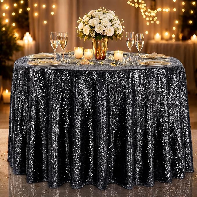 B-COOL Black Sequin Tablecloth Parties Decor: Round Sequin Overlay Shimmer Fabric for Halloween Table Setting Buffet Graduation Party 120 Inch