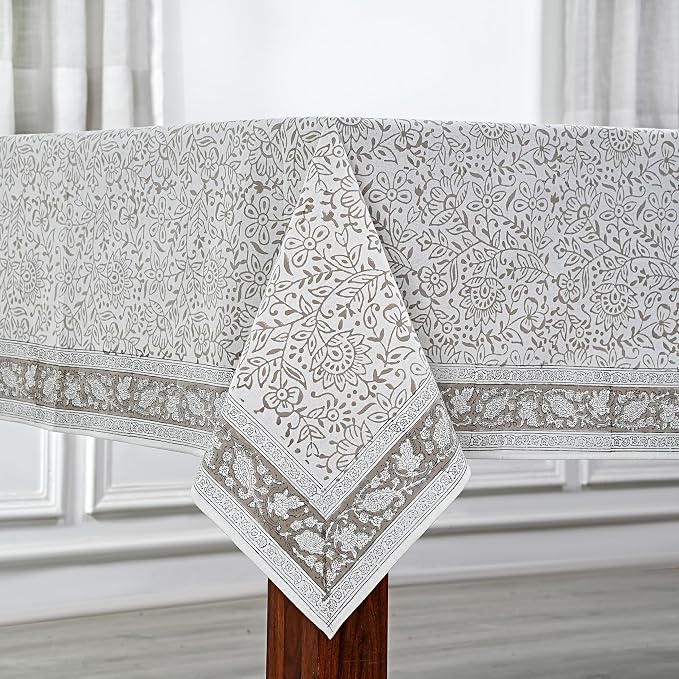 Ridhi Taupe Jal Hand Block Print Cotton Rectangle Tablecloth 140" x 72" inches Reusable Table Cover Decorative Everyday Use for Dining Room, Farmhouse, Home Gift for Spring, Mother's Day