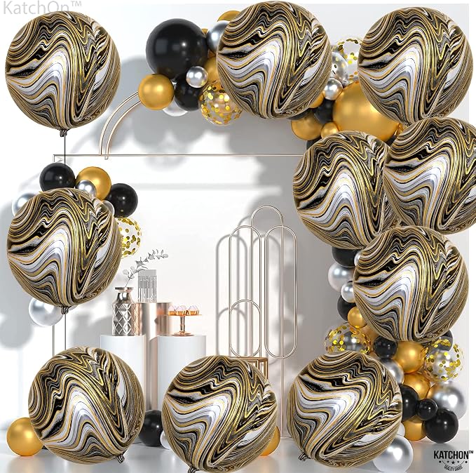 KatchOn, Black and Gold Marble Balloons - Big 22 Inch, Pack of 12 | 4D Marble Black and Gold Balloons for Birthday Party Decorations | Agate Balloons for Retirement, Dance Party Decorations