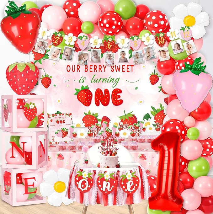 Kriyokiaa Berry First Birthday Decor Strawberry 1st Shortcake Birthday Decorations for Girls with Balloon Arch, Highchair Banner Strawberry Theme Backdrop, Photo Banner, Cake Topper