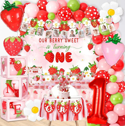 Kriyokiaa Berry First Birthday Decor Strawberry 1st Shortcake Birthday Decorations for Girls with Balloon Arch, Highchair Banner Strawberry Theme Backdrop, Photo Banner, Cake Topper