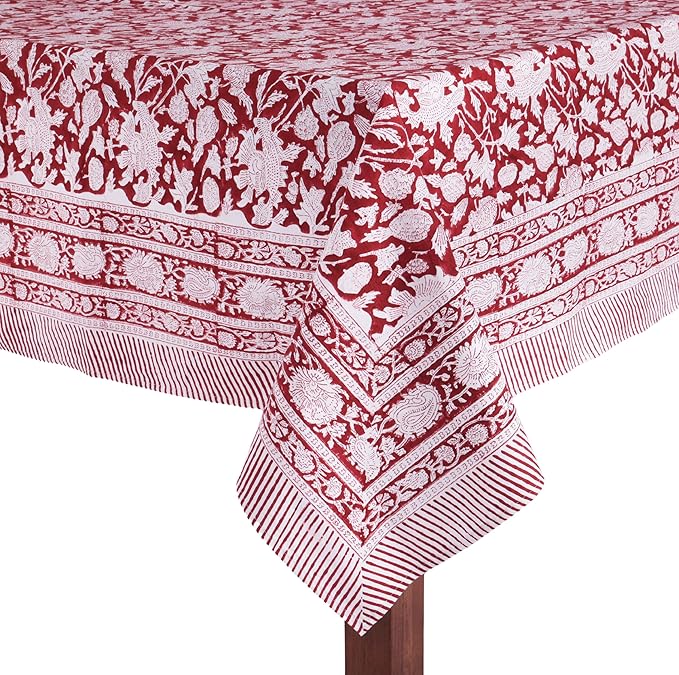 ATOSII Meraki Red 100% Cotton Tablecloth, Handblock Print Rectangle Table Cover for Kitchen Dining I Tabletop Linen I Parties, Thanksgiving, Christmas, Wedding, Fall Table Cloth 60 X 90 Inches