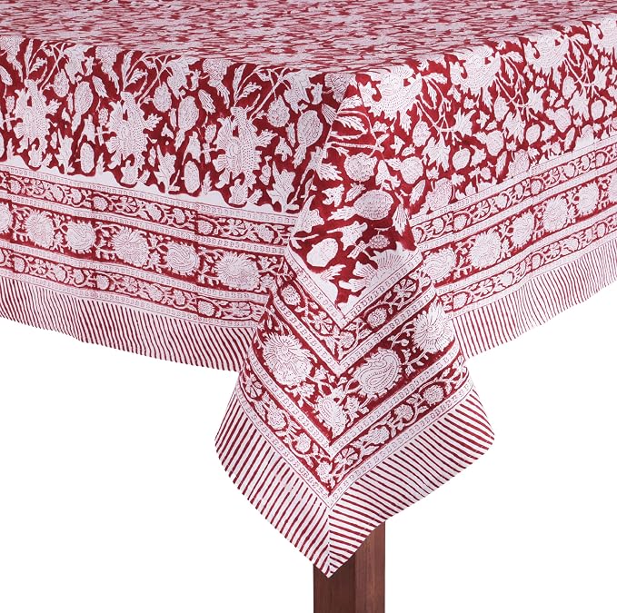 ATOSII Meraki Red 100% Cotton Tablecloth, Handblock Print Rectangle Table Cover for Kitchen Dining I Tabletop Linen I Thanksgiving, Christmas, Wedding, Fall Table Cloth 72 X 108 Inches I 8 Seater