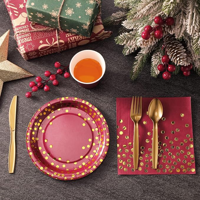 Tegeme 256 Pcs Maroon and Gold Dot Party Supplies Serve 36 Guest Burgundy Red Paper Plates Napkin Tablecloth Disposable Dinnerware Plastic Fork Knives Cup for Birthday Baby Shower Wedding Decoration