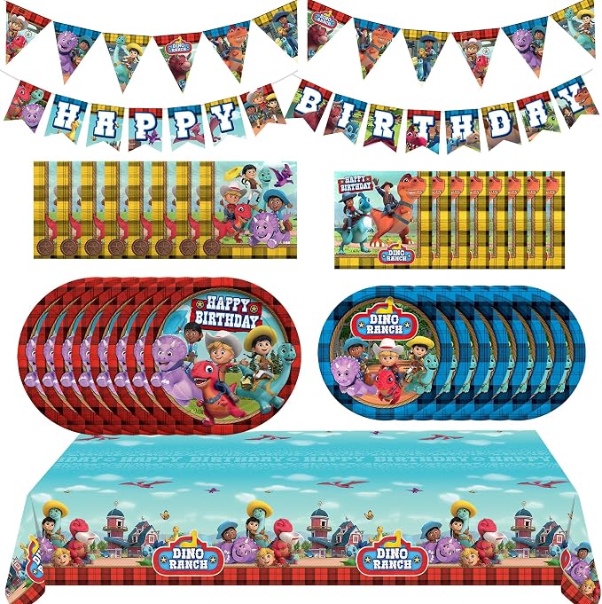 Treasures Gifted Dino Ranch Birthday Decorations - Serves 24 Guests - Complete Set of Dino Ranch Party Supplies - Plates, Banners, Napkins, and Tablecloth