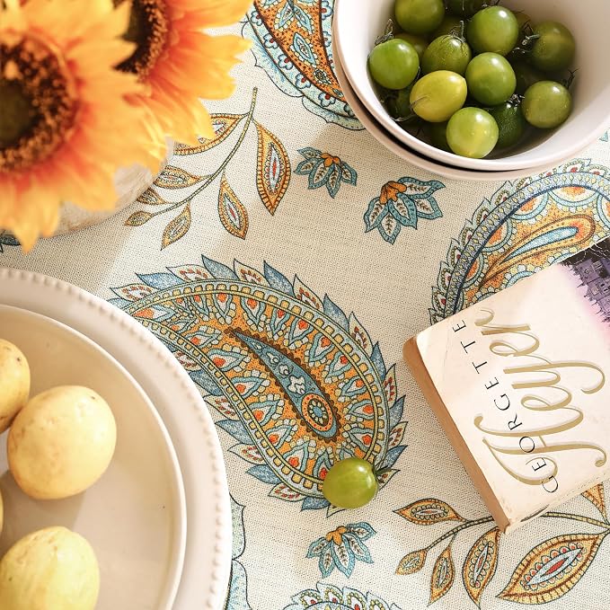 patdrea Vintage French Linen Tablecloth,Round,Diameter 67"-Lysaniya | Colorful Elegant Table Cloth for Round Table,Paisley Patterned,Dining Room Tea Party Thanksgiving Decor,Stain Resistant