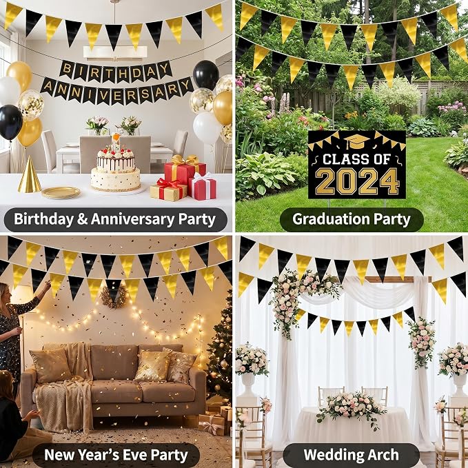 40M/130FT Black Gold Triangle Pennant Banner Flag Metallic Fabric Bunting Garland for Christmas Wall Hanging,Graduation Decorations, New Years Decorations,Father' Da