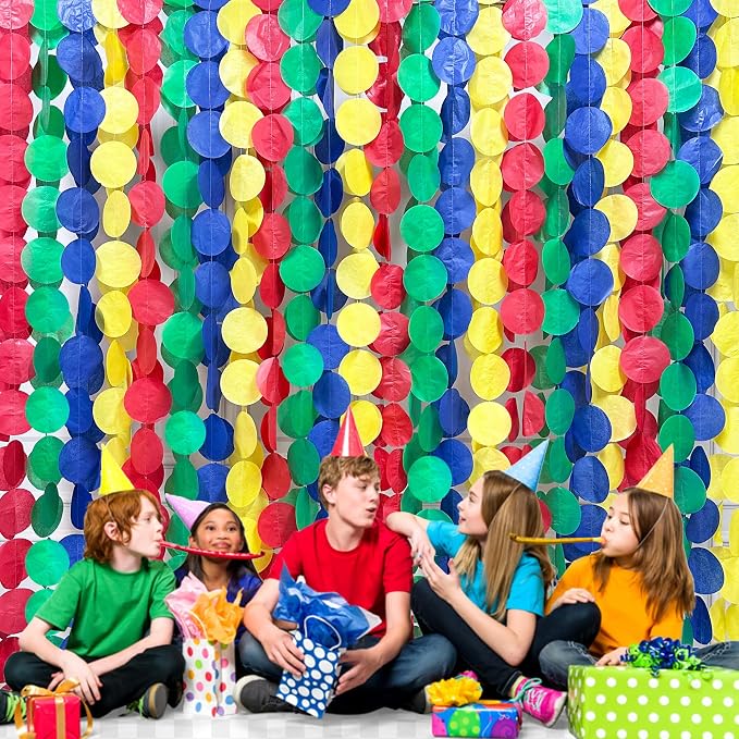 205Ft Mario Party Decorations Red Green Blue Yellow Big Polka Dot Tissue Paper Backdrop Streamer Circle Dot Hanging Garland for Birthday Carnival Circus Clown Fiesta Colorful Party Supplies
