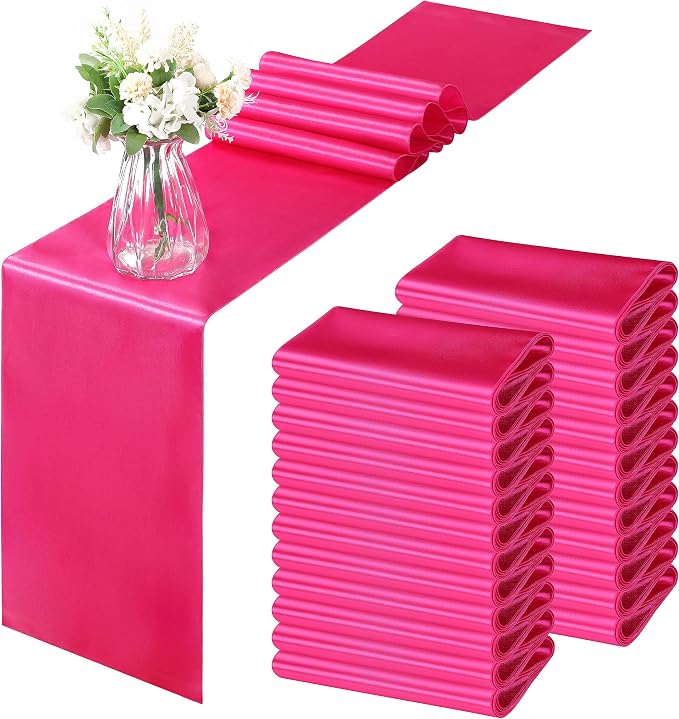 Horbaunal 24 Pack Hot Pink Satin Table Runner 12 x 108 Inch, Smooth Table Runners for Wedding Banquets Birthday Party