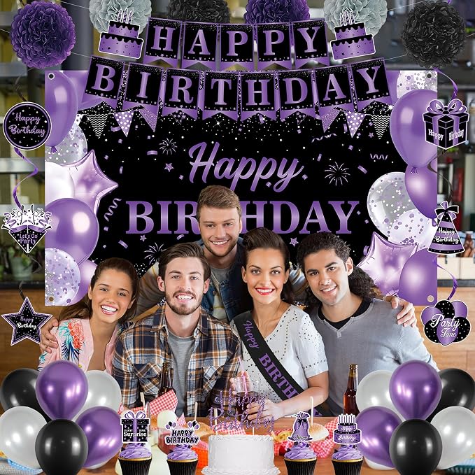 DARUNAXY Purple Birthday Party Decorations Set | Happy Birthday Banner & Sash, Balloons Pom Poms Cake Topper Hanging Swirl Decor, Birthday Gifts Party Supplies for Women Girl
