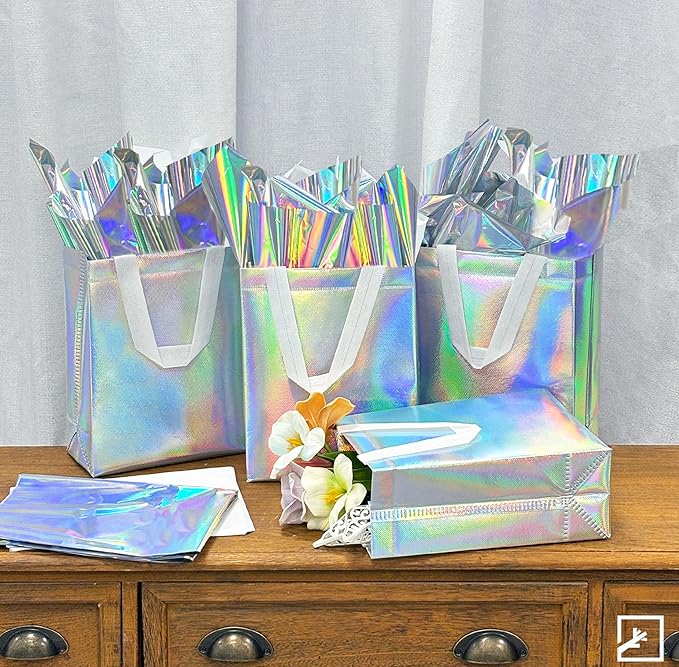 ZIFTY 15PCS Iridescent Gift Bags with Handles, Reusable Non-woven Goodie Christmas Gift Bags Bulk with Tissue Papers for Birthday, Wedding, Easter, Holiday Party，Party Favor Bags