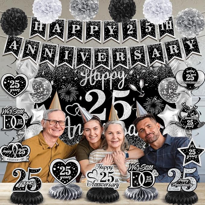 25th Wedding Anniversary Decorations Black Silver Happy 25th Anniversary Banner Backdrop Honeycomb Centerpiece Hanging Swirls Pom Poms for 25 Years Silver Wedding Party Decorations Supplies