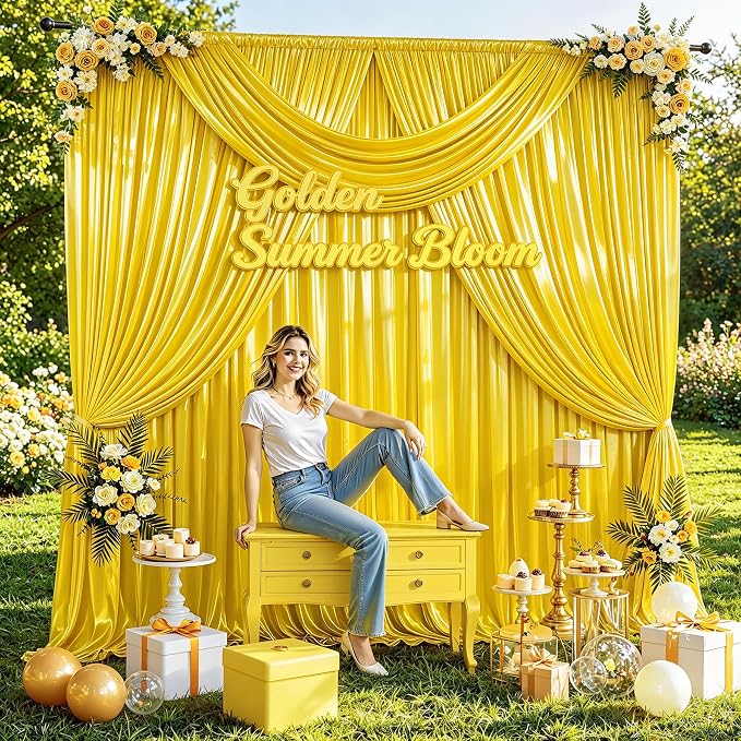 30x10ft Yellow Gold Glitter Backdrop Curtain for Parties, Wrinkle Free Satin Photo Backdrop Drapes 6 Panels 5x10FT Shimmer Back Drop Cloth for Wedding Birthday Baby Shower Photography Background Decor