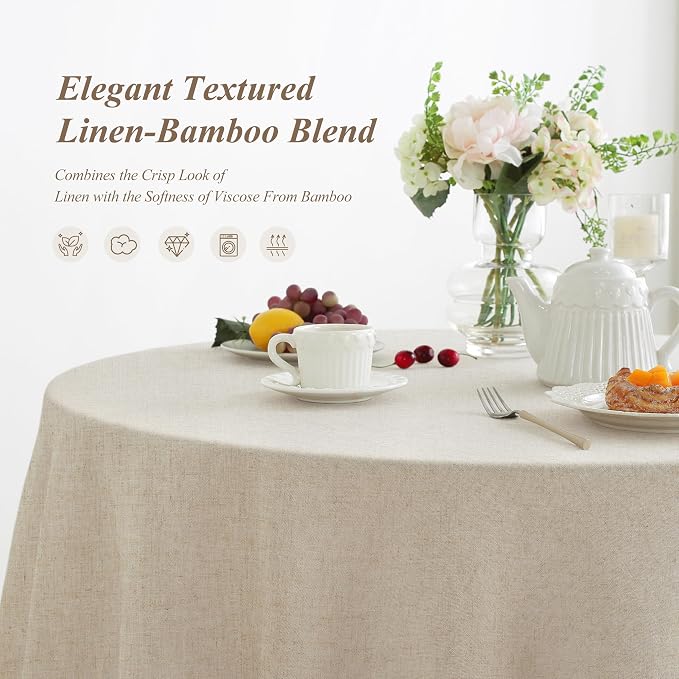 Linen World Round Linen Blend Tablecloth 90 Inch | Linen Look, Soft Cool & Breathable, Machine Washable, Natural, Dining Kitchen Outdoor Decorative