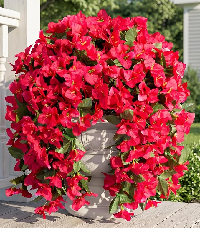 Faux Bougainvillea Artificial Flowers Plants for Outdoors Outside Decoration, 2 PCS Fake Flowers Silk Long Trailing Vines UV Resistant Realistic for Front Door Porch Planter Urn Patio Balcony Hot Pink