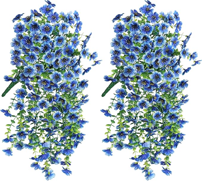 HyeFlora Artificial Flowers for Outdoors Decoration, 2Pcs Blue Fake Hanging Spring Summer Decor, Lifelike Plants, UV & Fading Resistant Flower for Porch Patio Balcony Planter Yard Home Garland