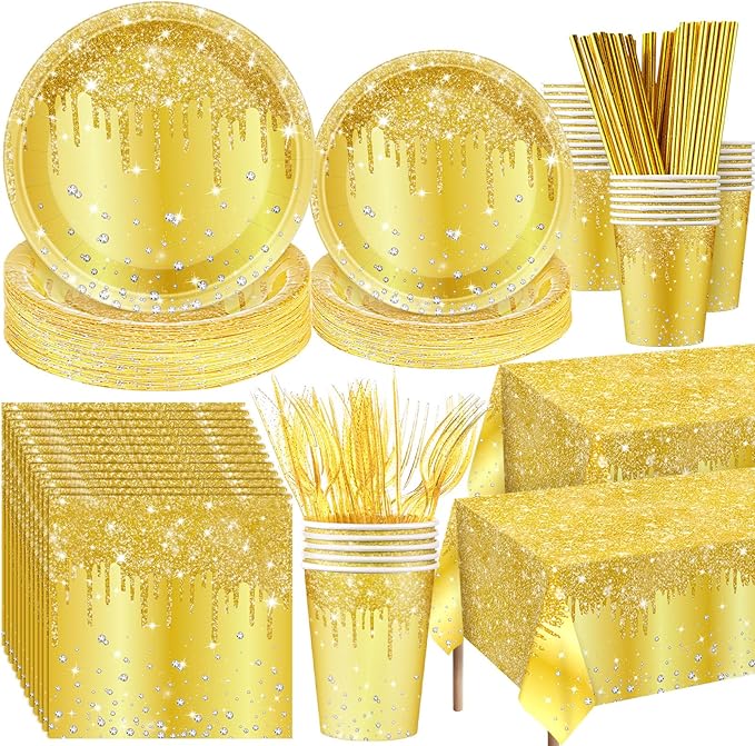 Funnymoom 452 Pcs Gold Birthday Party Decorations Include Golden Diamond Paper Plates and Napkins Cups Tablecloth Cutlery Straws Glitter Disposable Tableware for Birthday Anniversary Wedding