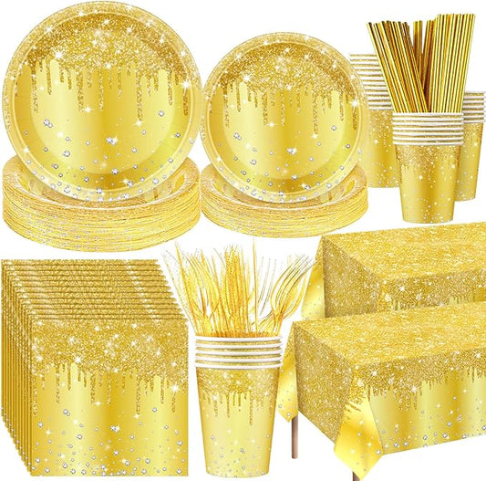 Funnymoom 452 Pcs Gold Birthday Party Decorations Include Golden Diamond Paper Plates and Napkins Cups Tablecloth Cutlery Straws Glitter Disposable Tableware for Birthday Anniversary Wedding