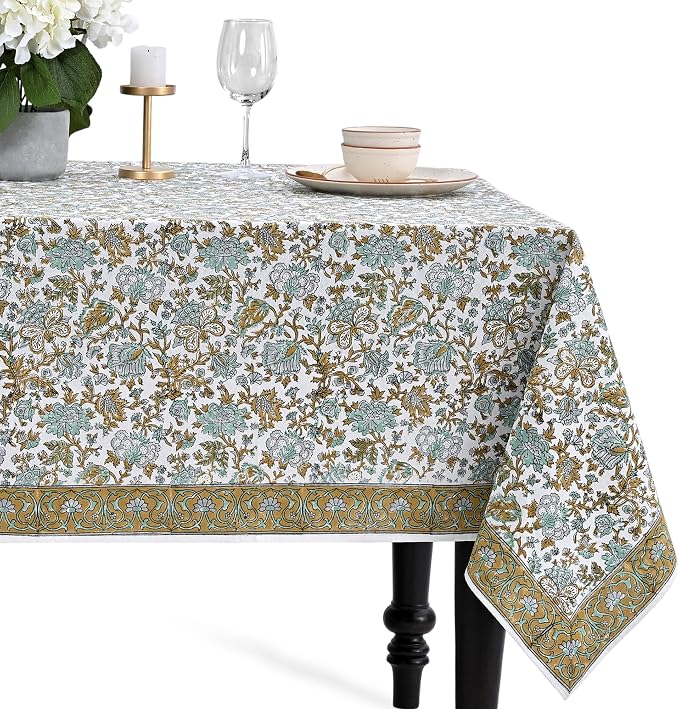 CPC Tablecloth 100% Cotton 70x108 Inch Indian Block Print Rectangle Table Cover, Blue Table Cloth for Weddings, Spring/Summer, Barbeque - Harvest Bloom